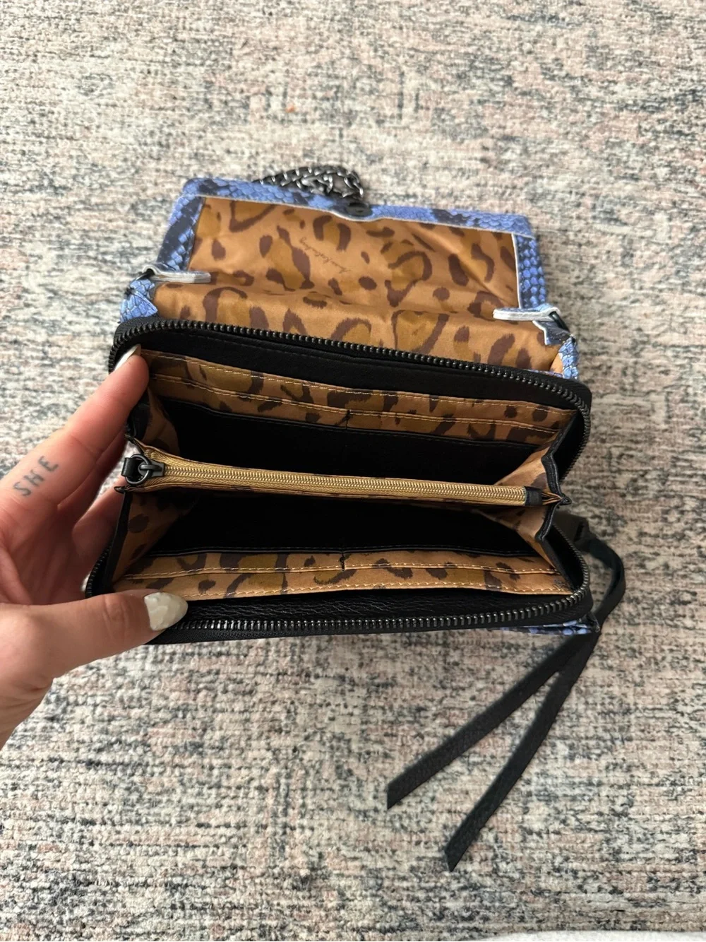 Aimee Kestenberg Blue Snake Pattern Crossbody Bag with Gunmetal Chain